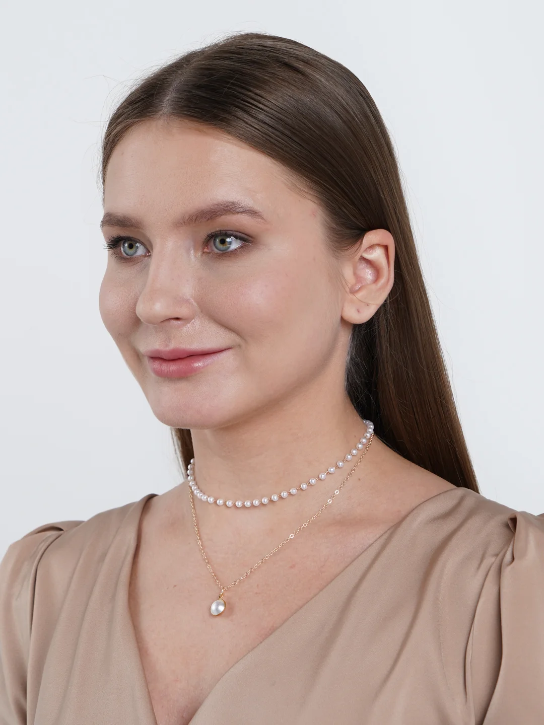 Двойная цепочка колье с жемчугом