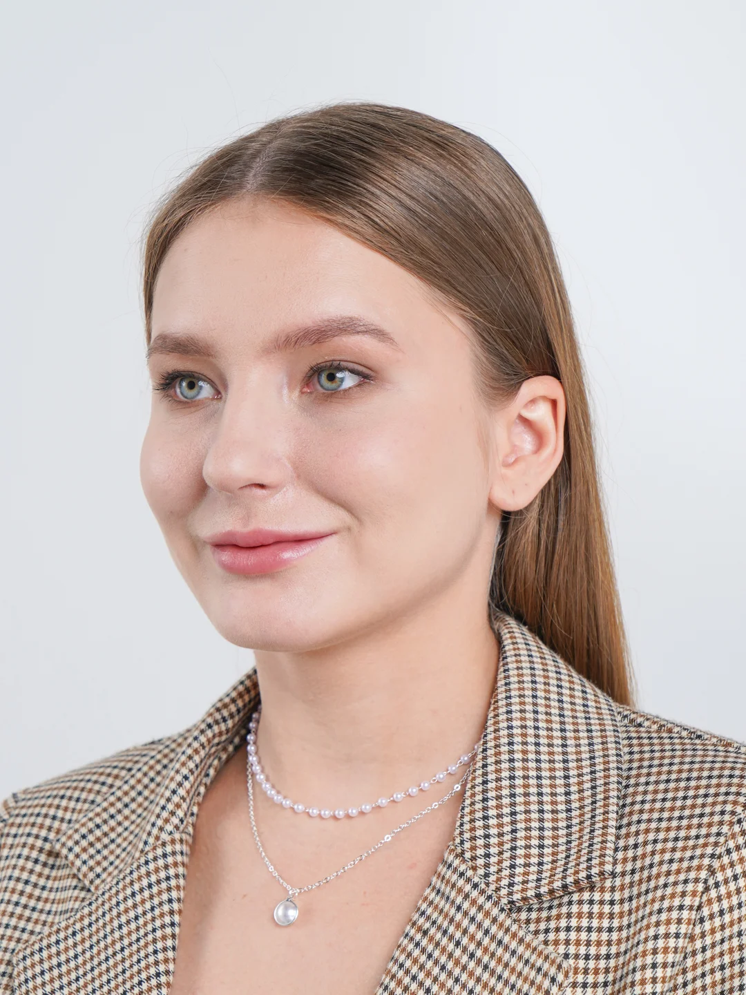 Серебряный женская двойная цепочка с искусственным жемчугом, ожерелье с подвеской