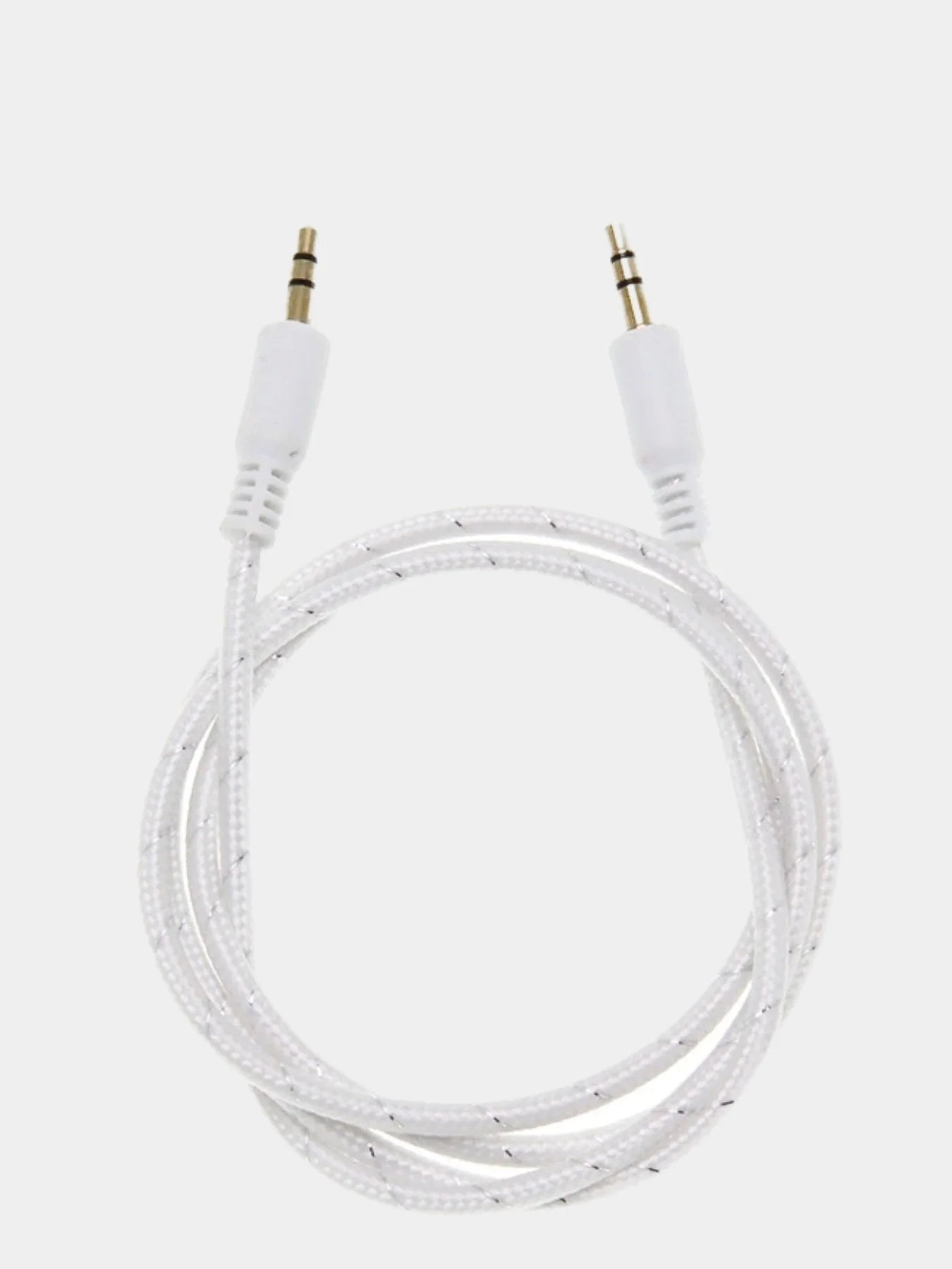 Белый кабель аудио AUX  текстильный круглый тонкий, разъём 3.5 Jack (M) - 3.5 Jack (M)