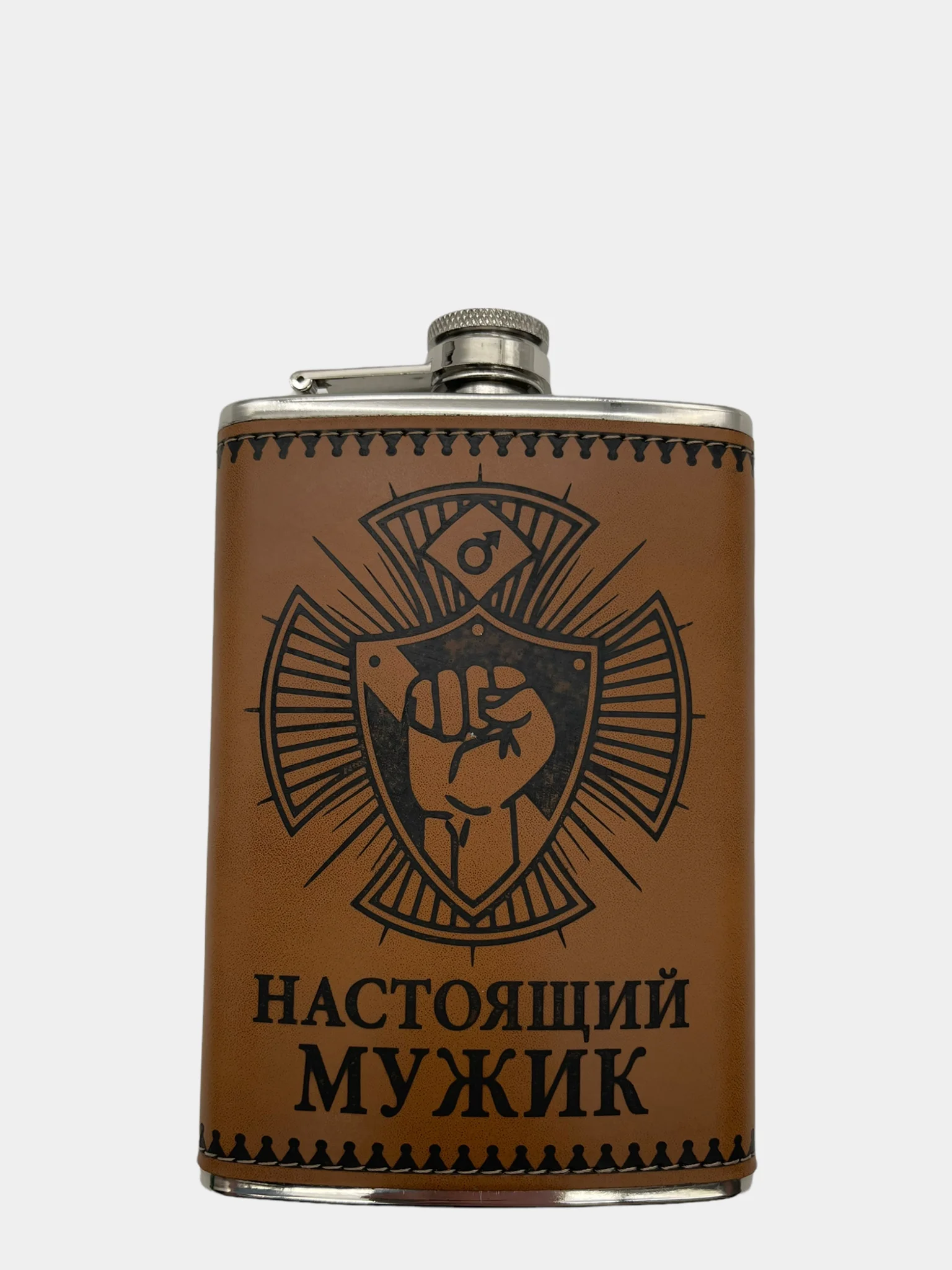Фляжка подарочная 0.25 л в оплетке с принтом "Настоящий мужик" (FL9-51)
