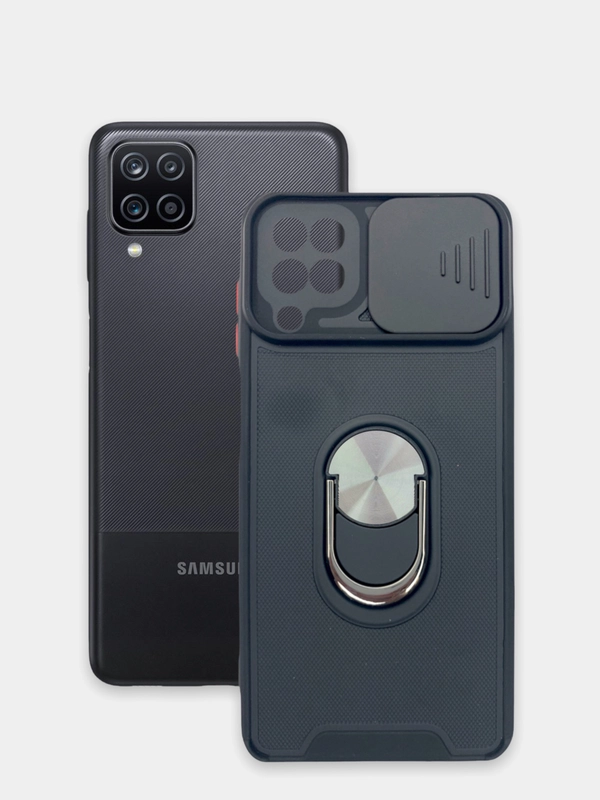 Чехол Samsung Galaxy A12, M12, противоударный c металлическим кольцом и защитой камеры