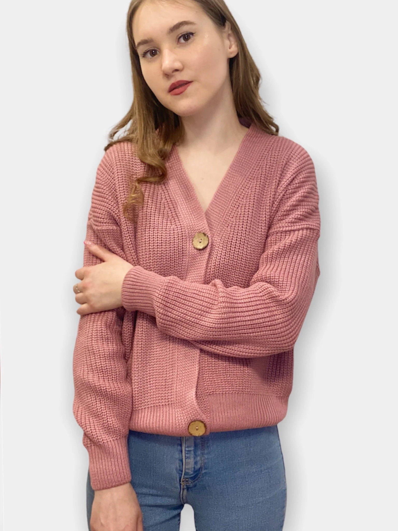 Бежевый кардиган женский, вязаный, короткий, oversize