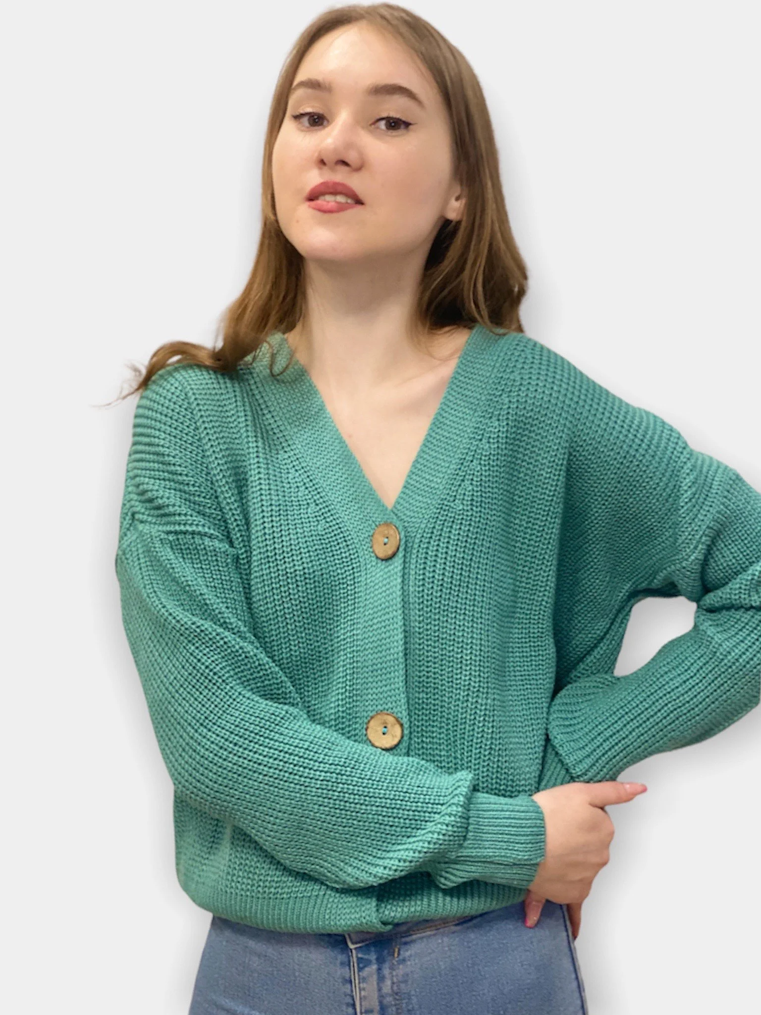Зеленый кардиган женский, вязаный, короткий, oversize