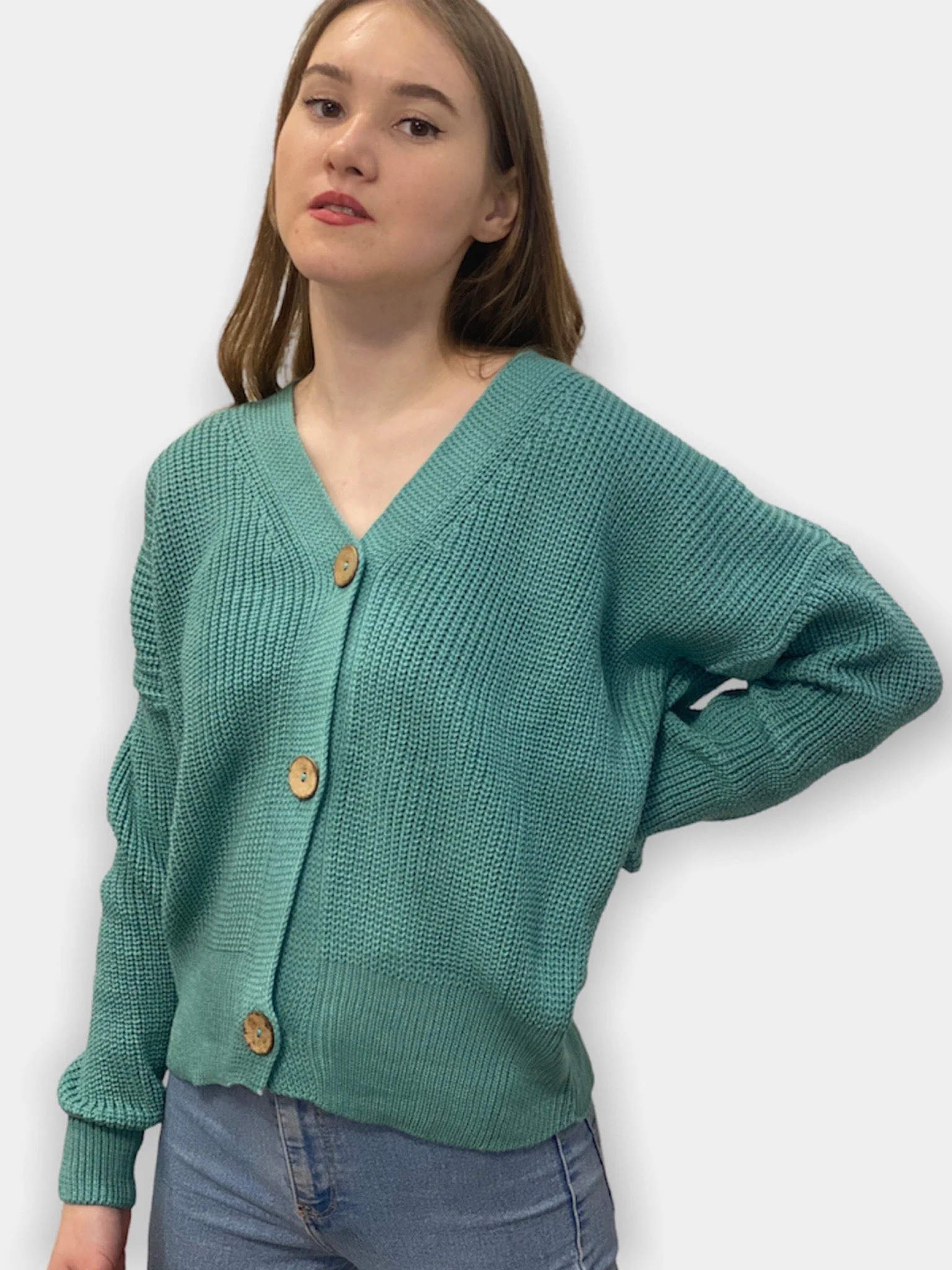 Зеленый кардиган женский, вязаный, короткий, oversize