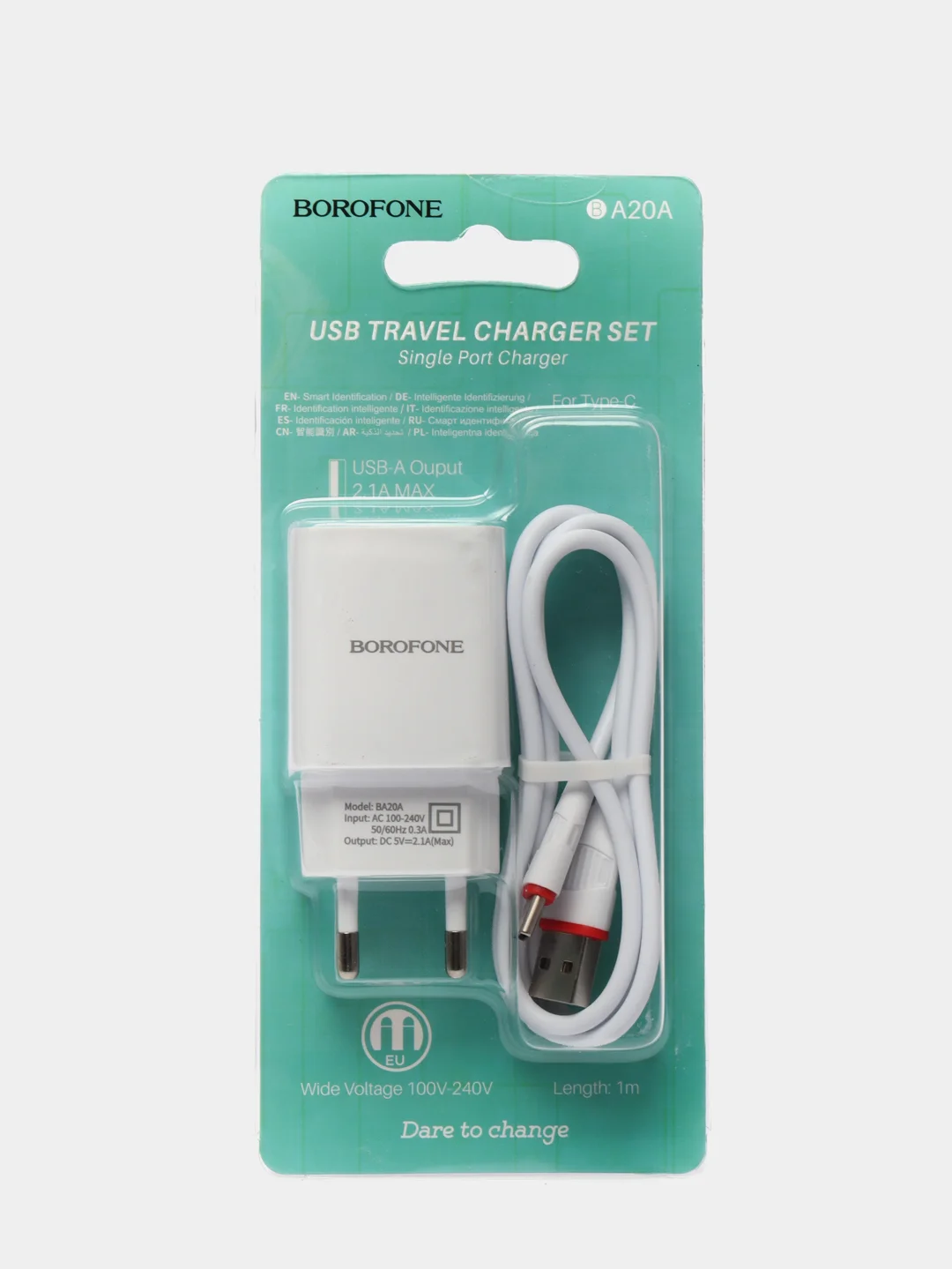 Белый сетевое зарядное устройство Borofone BA20A 1xUSB до 2.1А с кабелем Type-C (Для Android)