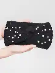 Черный вязаная повязка на голову с жемчугом