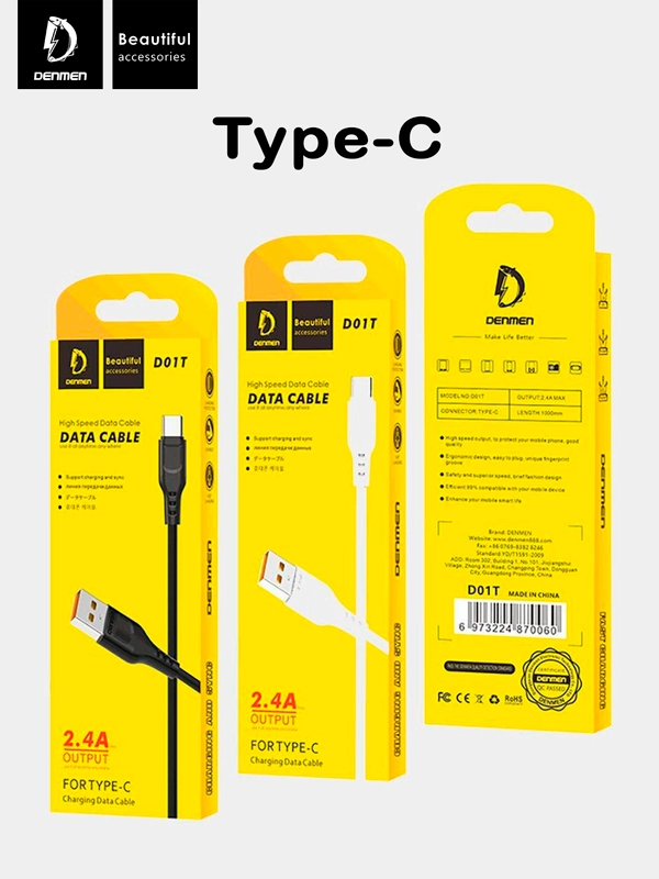 Кабель, Шнур, Провод, USB - Type-C, 2.4A, 1м, Denmen D01T, тайпси, тайп с, тайп си