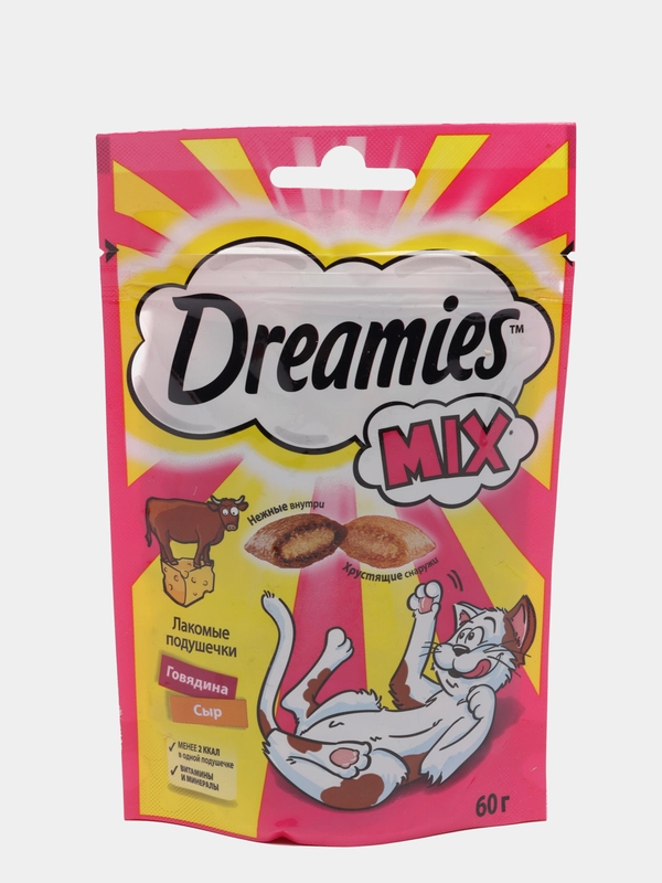 DREAMIES MIX, ЛАКОМЫЕ ПОДУШЕЧКИ С ГОВЯДИНОЙ И СЫРОМ, 60Г