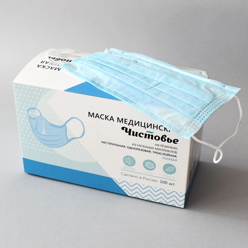 ЧИСТОВЬЕ Маска трехслойная на резинках, голубая 100 шт