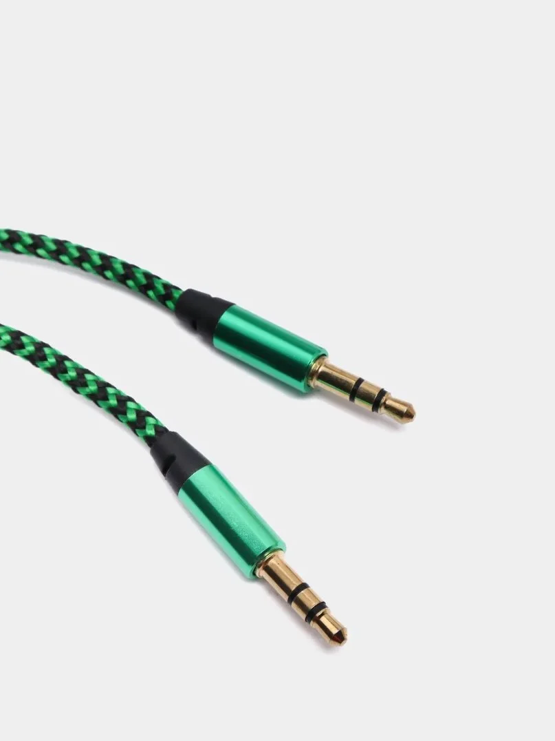 Зеленый кабель AUX Jack3.5-Jack3.5, тканевый аудио кабель нейлоновый аукс, 1 метр