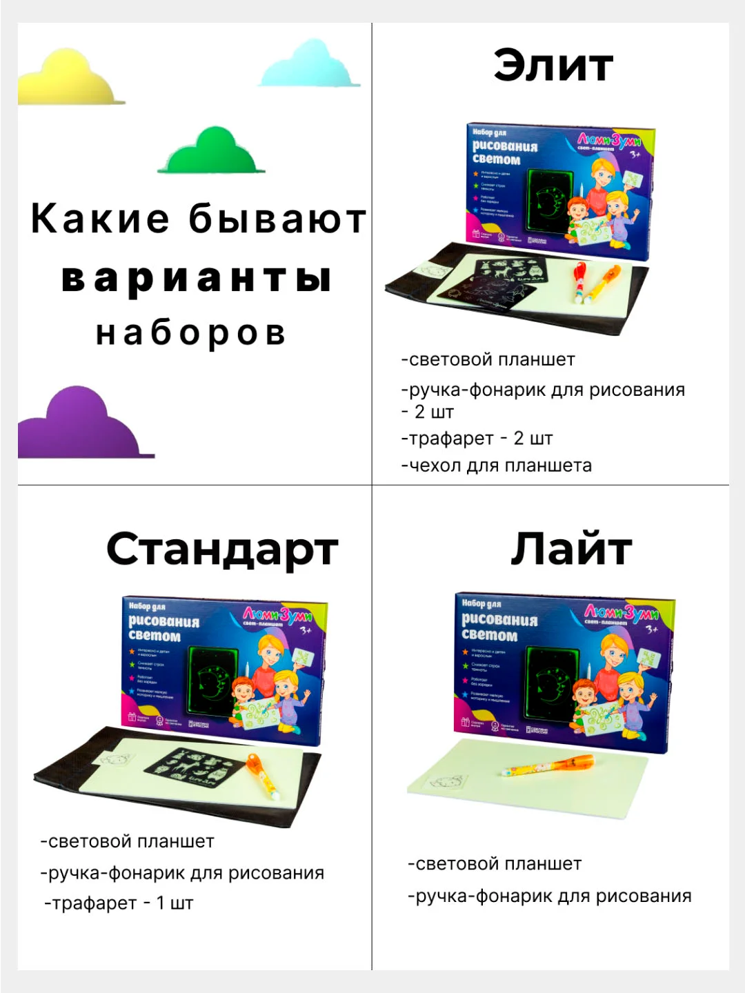 Набор для рисования светом Люми-Зуми Комплект: Лайт, Элит, Стандарт (Формат А5, А4, А3)