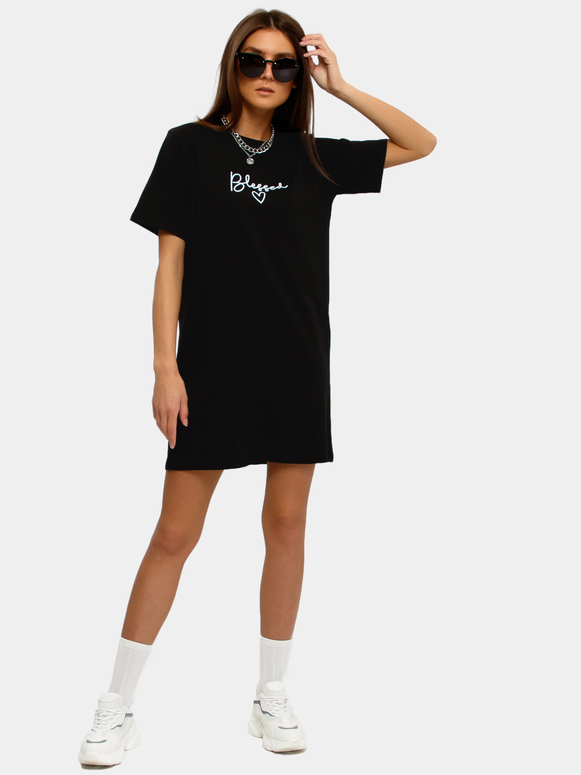 Угольный платье-футболка Oversize с принтом, короткое