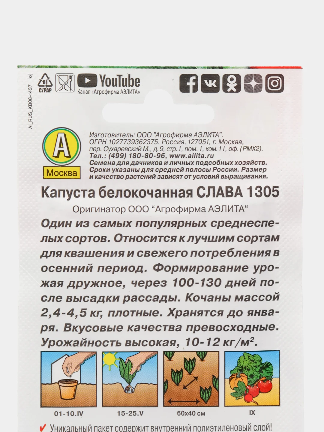 Зеленый семена Капуста белокочанная "Слава 1305" для квашения и свежего потребления