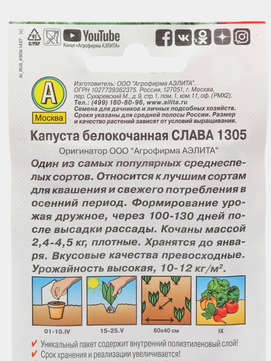 Зеленый семена Капуста белокочанная "Слава 1305" для квашения и свежего потребления