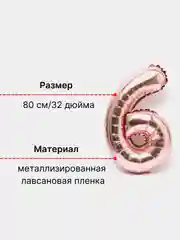 Розовый воздушный шар "Цифра 6" 80 см, розовый