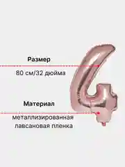 Розовый воздушный шар "Цифра 4" 80 см, розовый