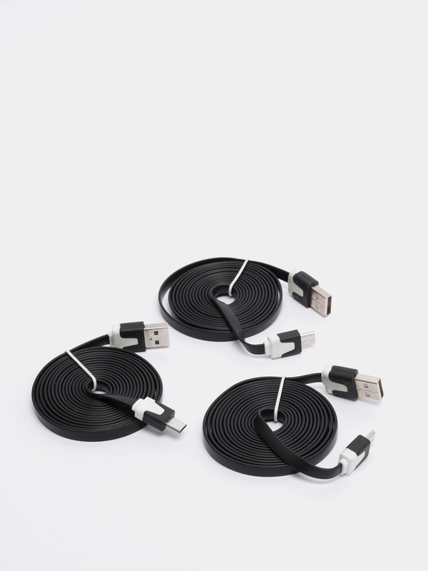 Кабель microUSB, 2 метра, черный, плоский, комплект 3 штуки