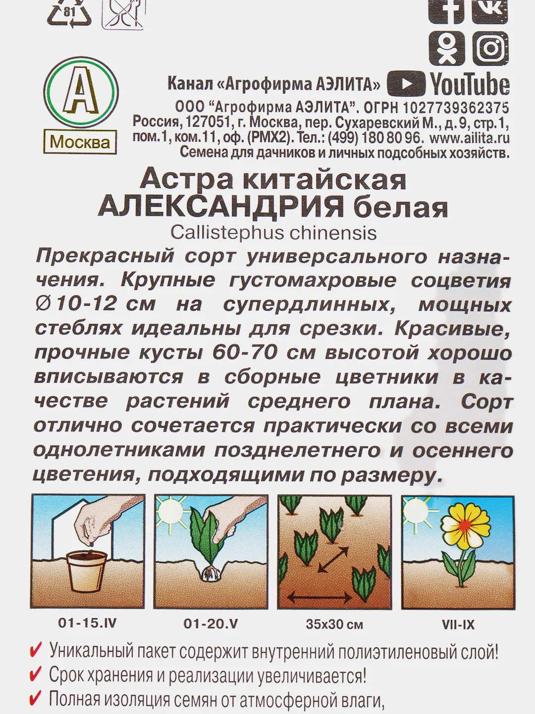 Астра "Александрия" белая (семена, цветы)