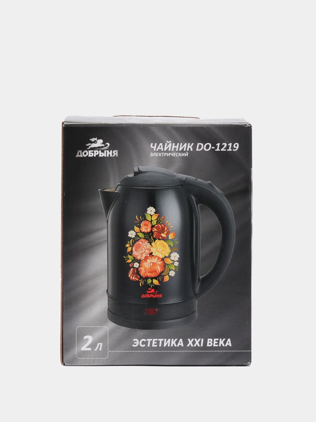 Черный чайник электрический Добрыня DO-1219 хохлома, 2.0л