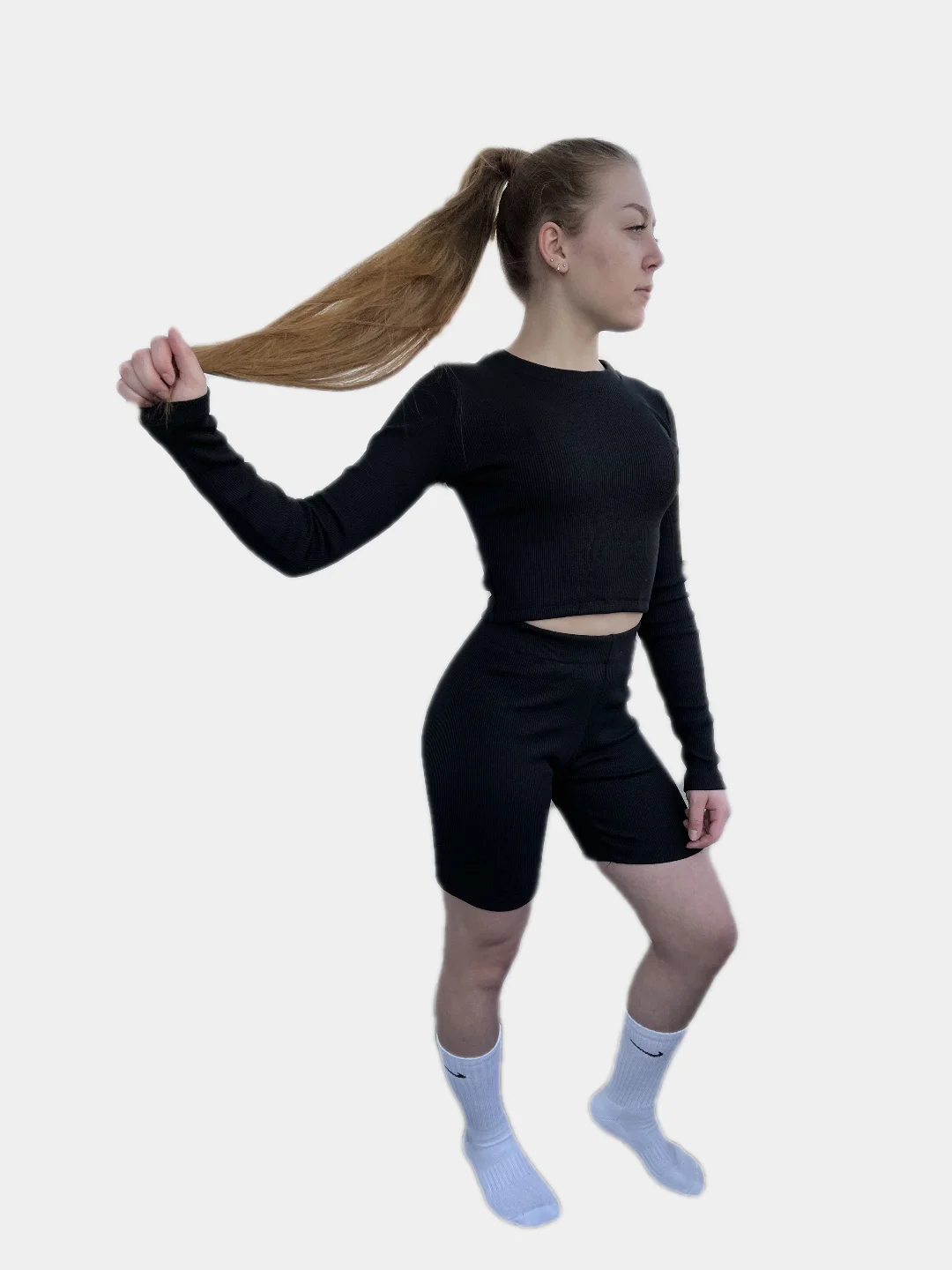 Черный костюм женский спортивный,комплект для йоги для спорта,двойка:велосипедки и топ в рубчик
