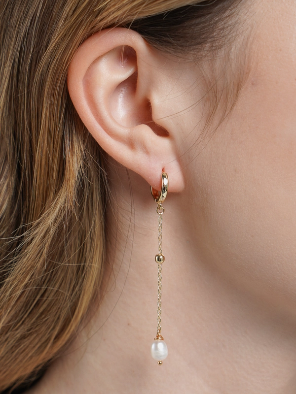 Серьги цепи колечки с натуральным жемчугом Mila Jewelry, позолота, ручной работы