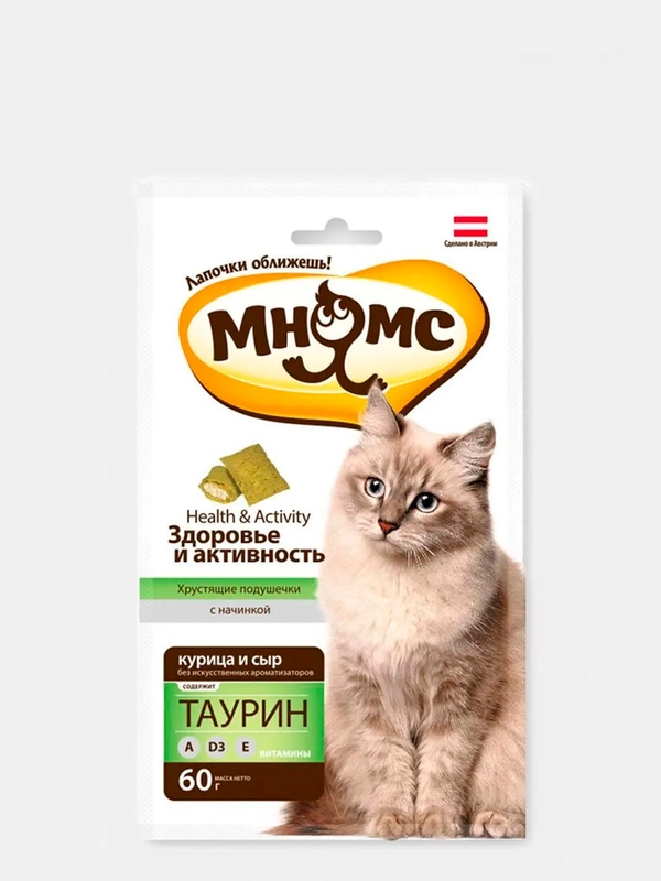 Мнямс хрустящие подушечки для кошек с курицей и сыром "Здоровье и активность" 60 г
