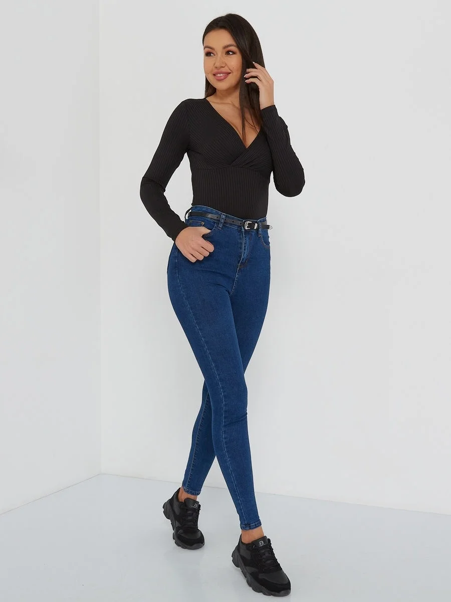 Синий джинсы skinny женские зауженные, с высокой посадкой