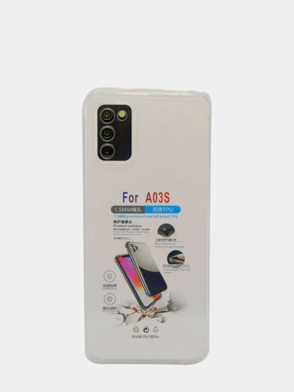Силиконовый чехол накладка Samsung A03S усиленные углы, защита вокруг камер, прозрачный