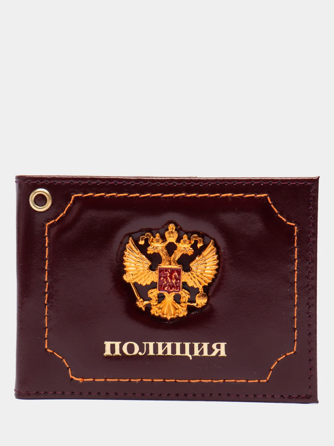 Бордовый обложка для удостоверения "Полиция" с металл. гербом (нат. кожа)