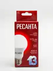Лампа светодиодная Ресанта Е27 13Вт нейтральный белый свет, лампочка цоколь Е27 13Вт