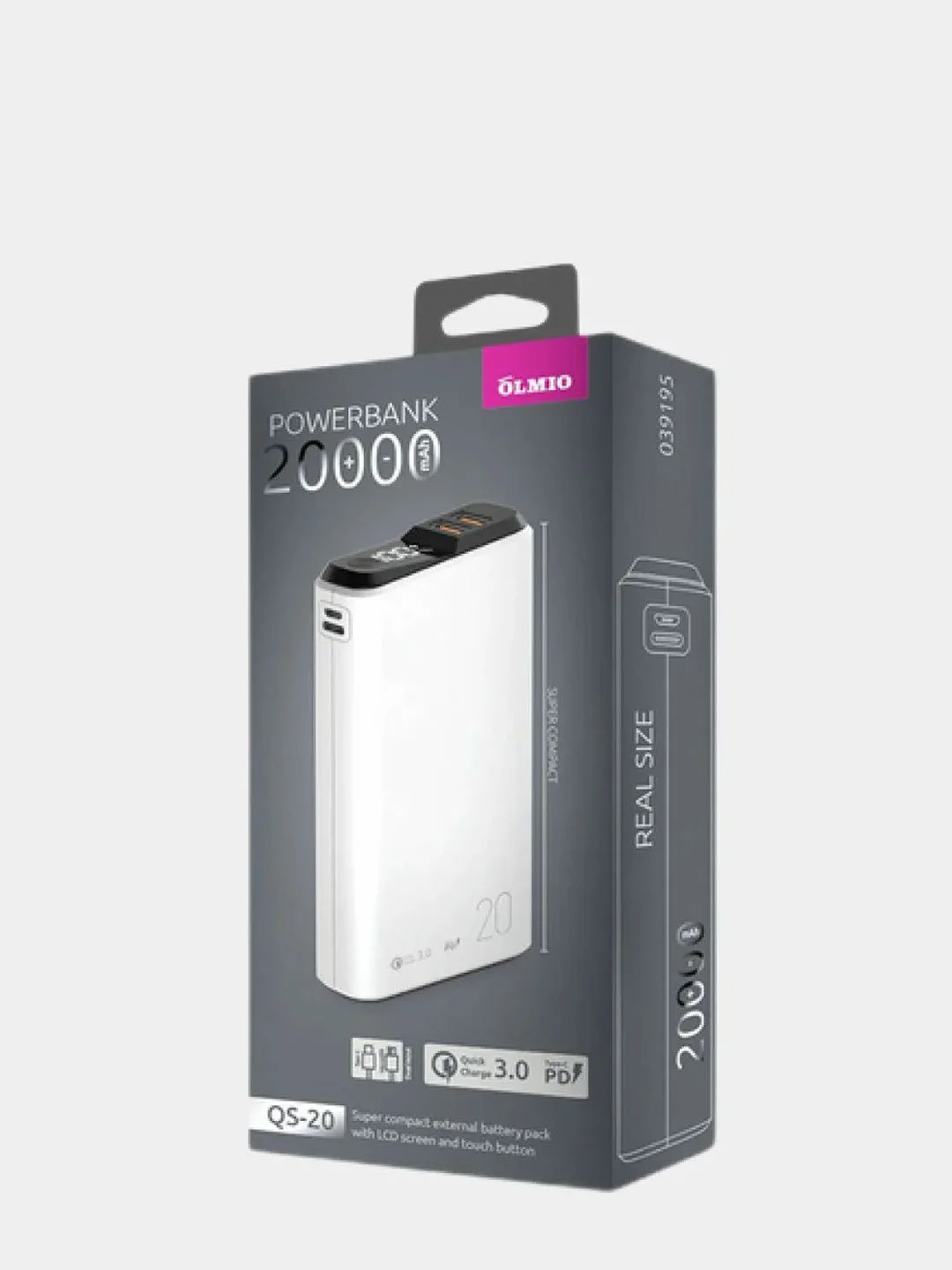 Белый внешний аккумулятор Olmio QS-20, 20000 mAh, с быстрой зарядкой