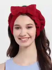 Бордовый повязка на голову косметическая, плюшевая, с бантом