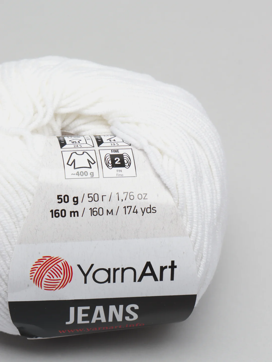 Белый пряжа YarnArt Jeans, 50 г, 160 м