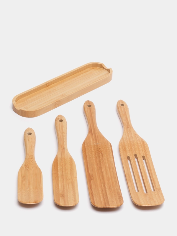 Набор лопаток для кухни Kitchen Muse KM-BBS / Лопатки кухонные из бамбука на подставке