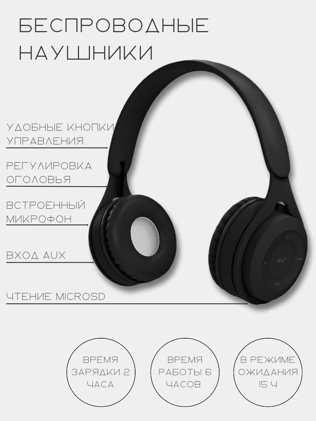 Черный наушники беспроводные с разъёмом AUX/MicroSD Card, с микрофоном и клавишами управления