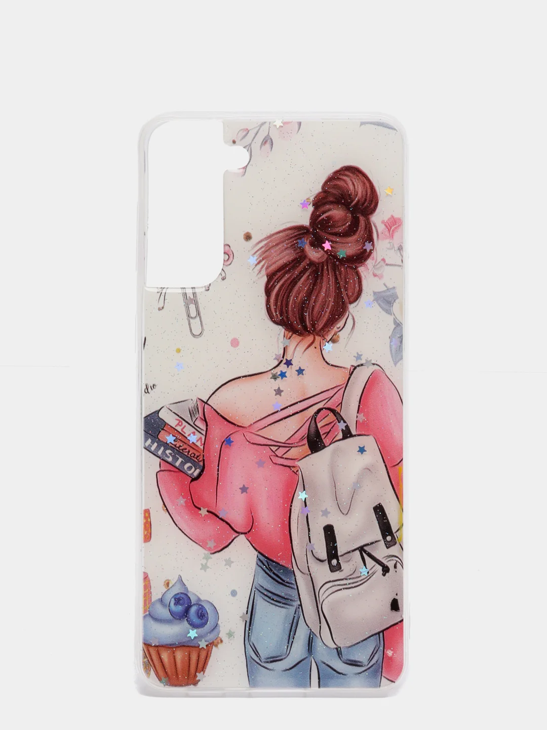 Пудровый чехол Samsung Galaxy S21, S21+, Галакси С21, С21+ силиконовый с рисунком и блестками
