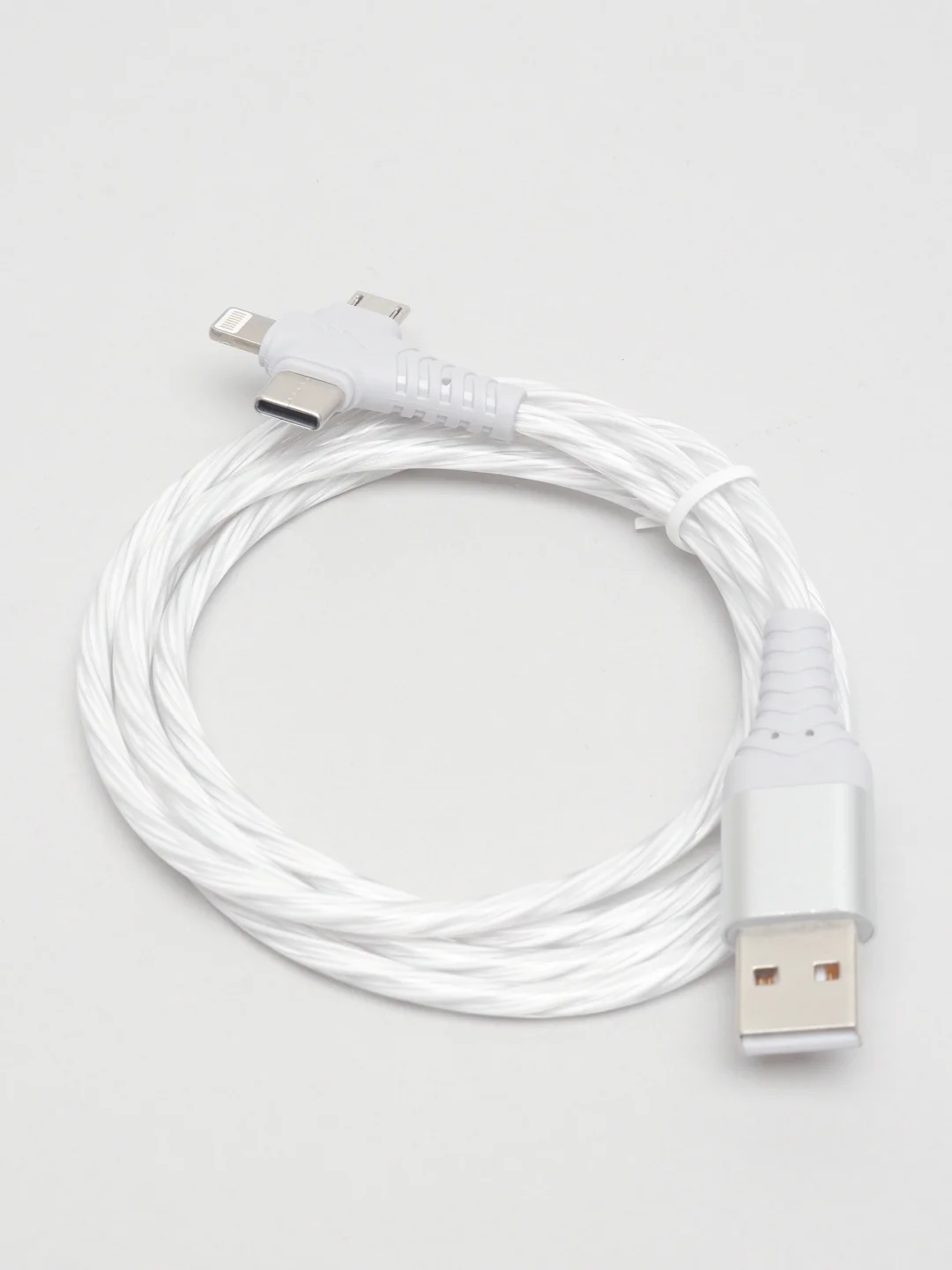 Белый кабель зарядный светящийся 3 в 1 Micro USB / Lightning / Type-C