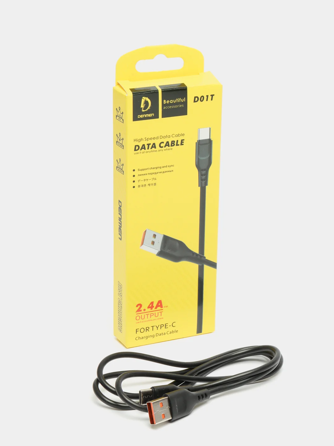 Черный кабель, Шнур, Провод, USB - Type-C, 2.4A, 1м, Denmen D01T, тайпси, тайп с, тайп си