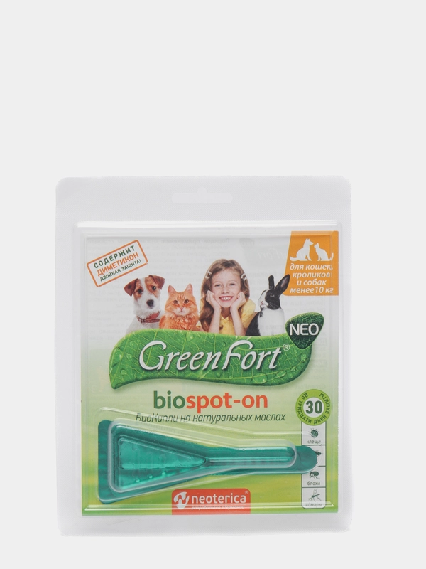 Биокапли от блох и клещей Green Fort, на холку, для кошек, кроликов и собак до 10 кг