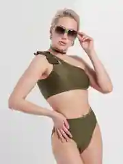 Зеленый женский раздельный купальник с лямкой на одно плечо