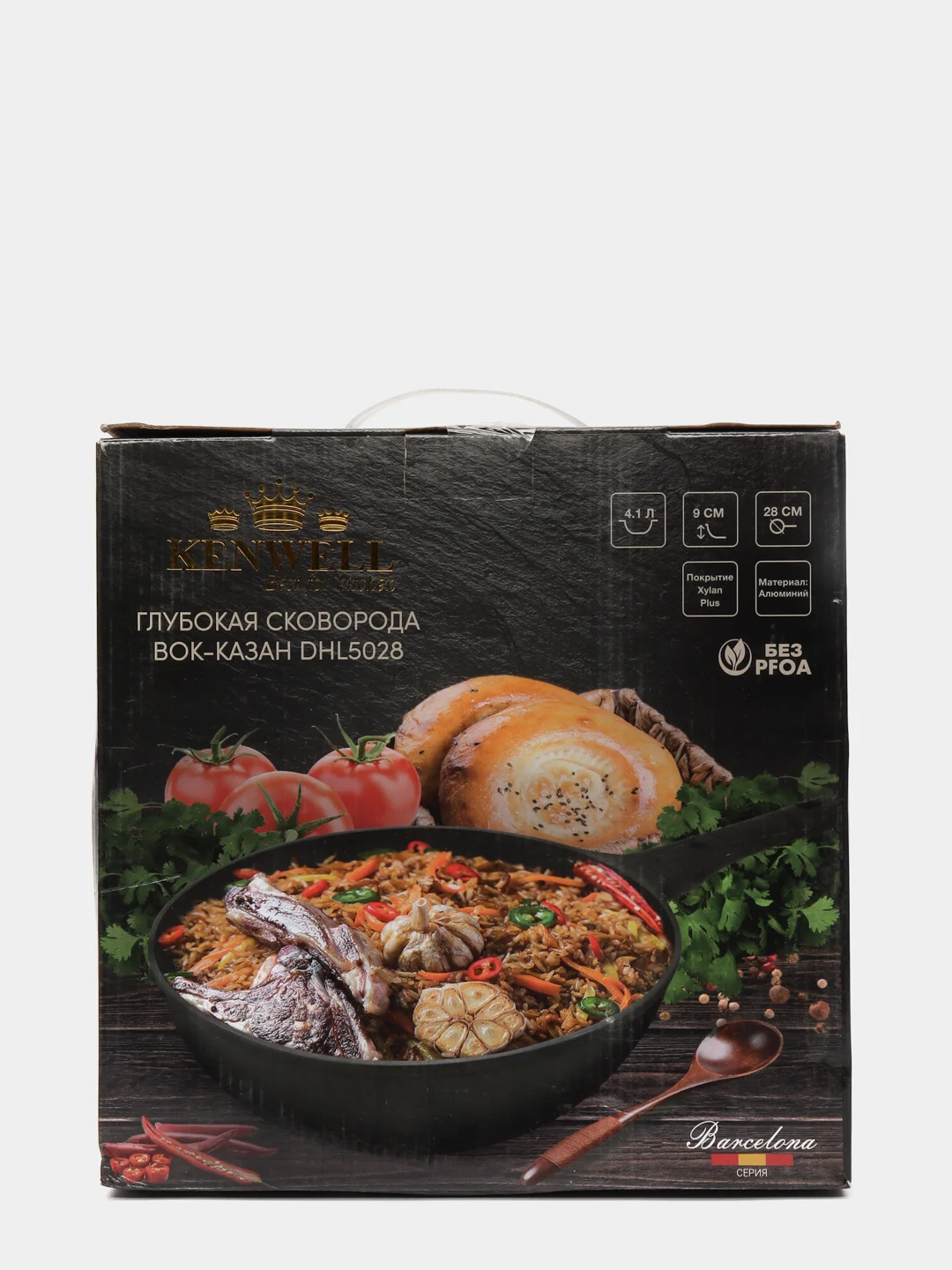 Черный сковорода KENWELL DHL5028 WOK крышка, съемная ручка, 28 см
