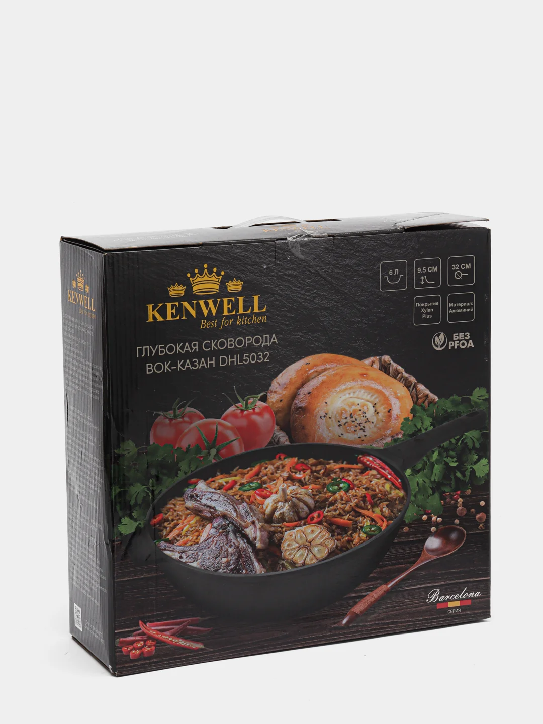 Черный сковорода KENWELL DHL5032 WOK крышка, съемная ручка, 32 см