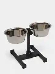 Черный миска металлическая двойная на подставке, 2*0,75 л кормушка для кошек и собак