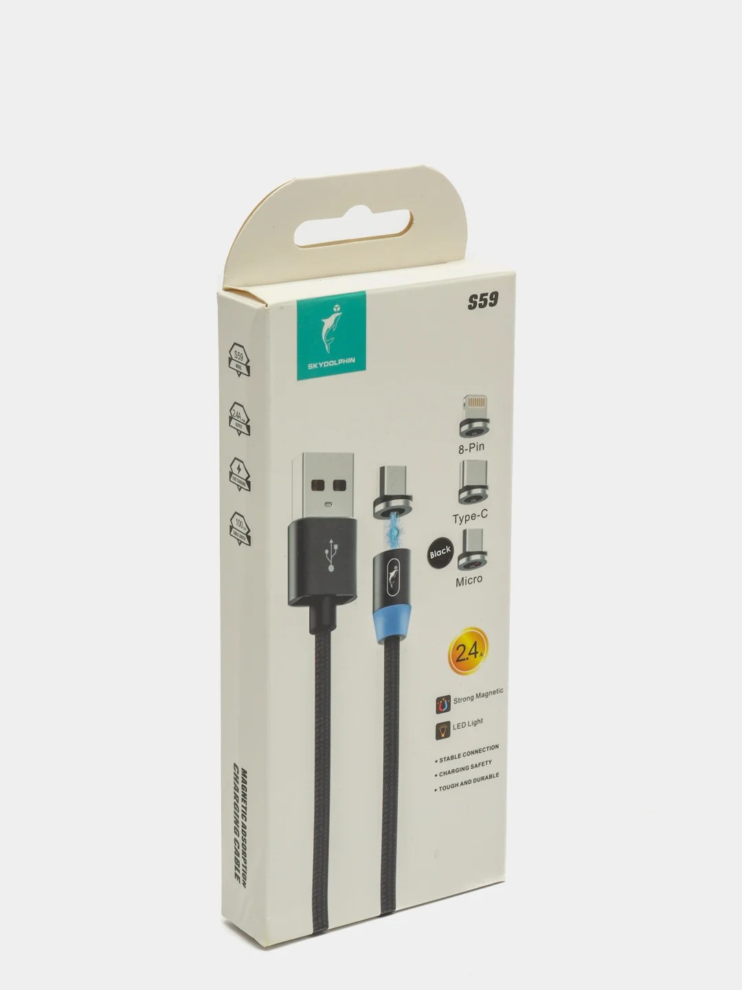 Черный usb кабель и коннектор SKYDOLPHIN для зарядки магнитный 2.4A, Lightning, Type-C, MicroUsb