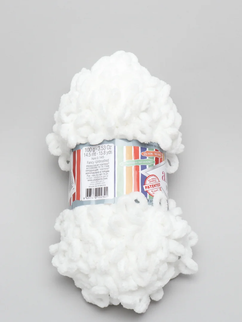 Белый пряжа Alize Puffy Fine, маленькие петельки, микрополиэстер, 100 г, 14 м