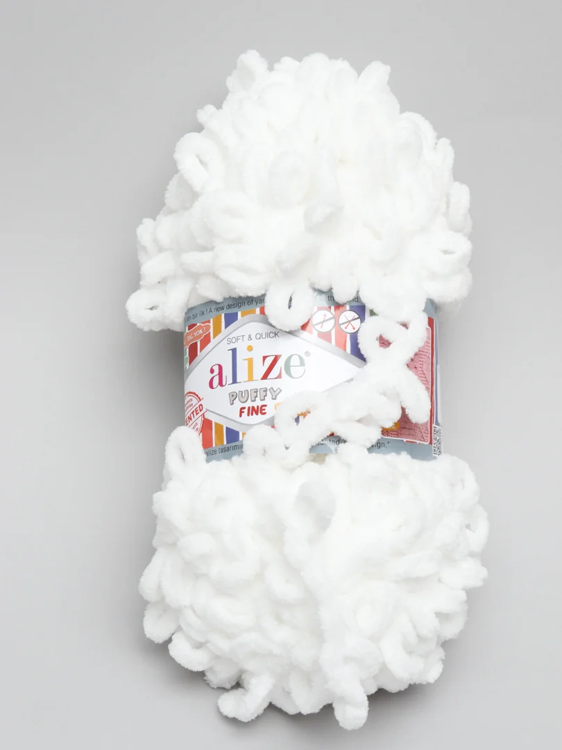 Белый пряжа Alize Puffy Fine, маленькие петельки, микрополиэстер, 100 г, 14 м