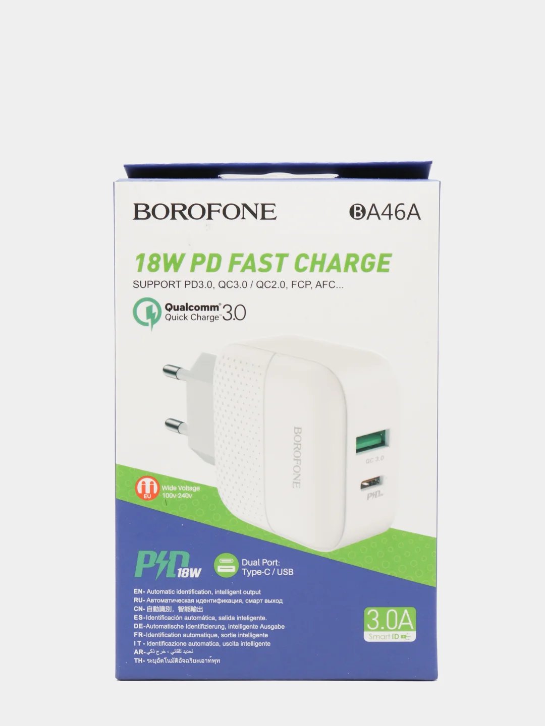 Белый зарядное устройство Borofone BA46A USB + Type-C PD (быстрая зарядка 3.0, 3A, 18W)