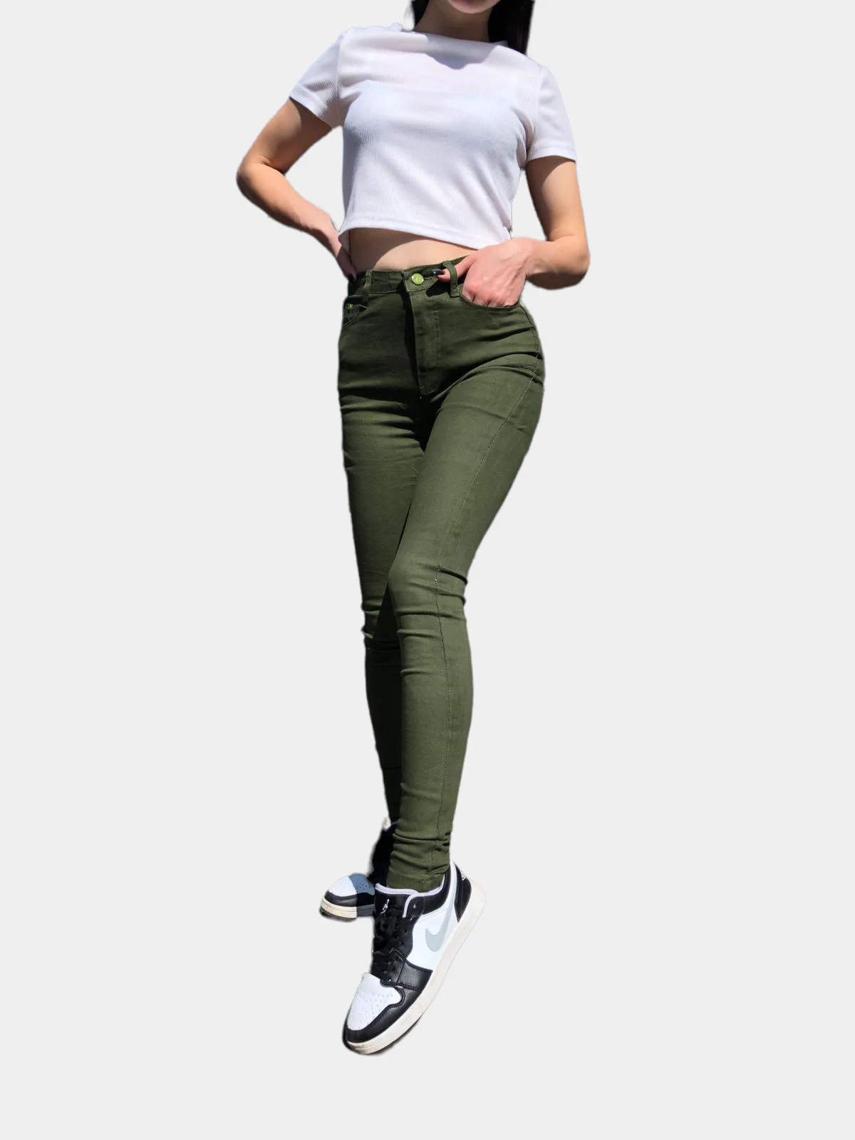Зелёный хаки джинсы skinny женские зауженные, с высокой посадкой