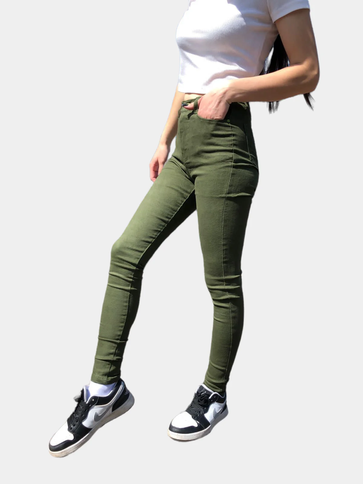 Зелёный хаки джинсы skinny женские зауженные, с высокой посадкой