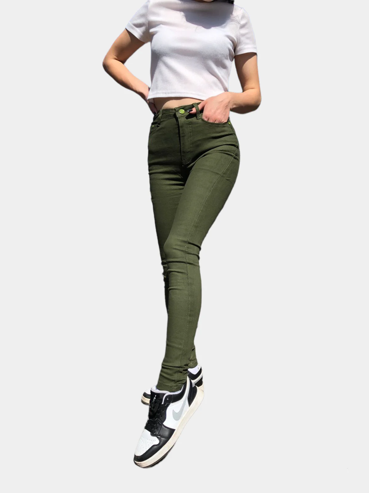 Зелёный хаки джинсы skinny женские зауженные, с высокой посадкой